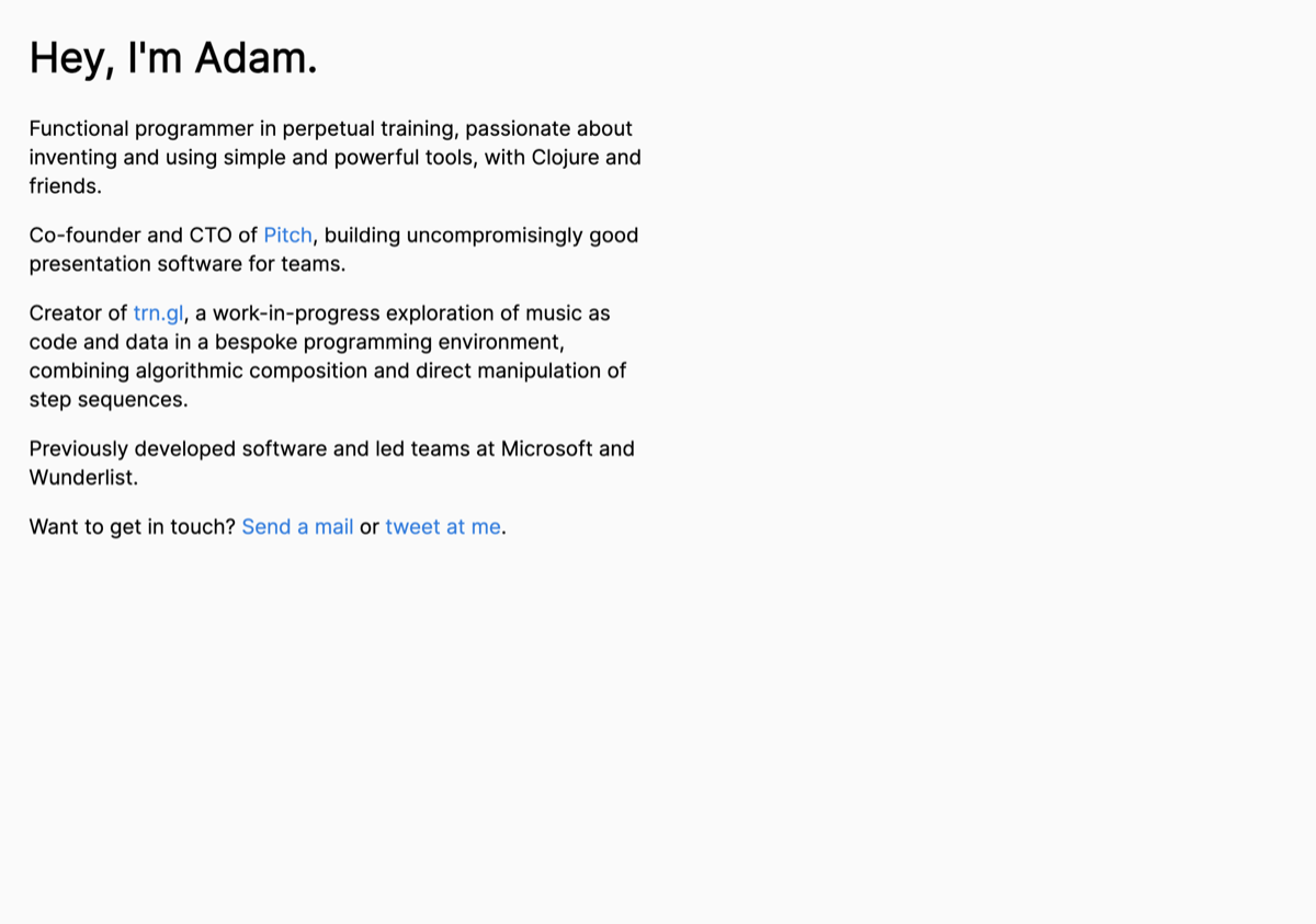 The 2021 design: clean sans-serif, 'Hey, I'm Adam.'